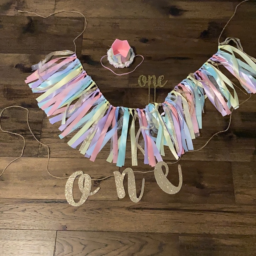 One year old rainbow hat, banners and cake topper